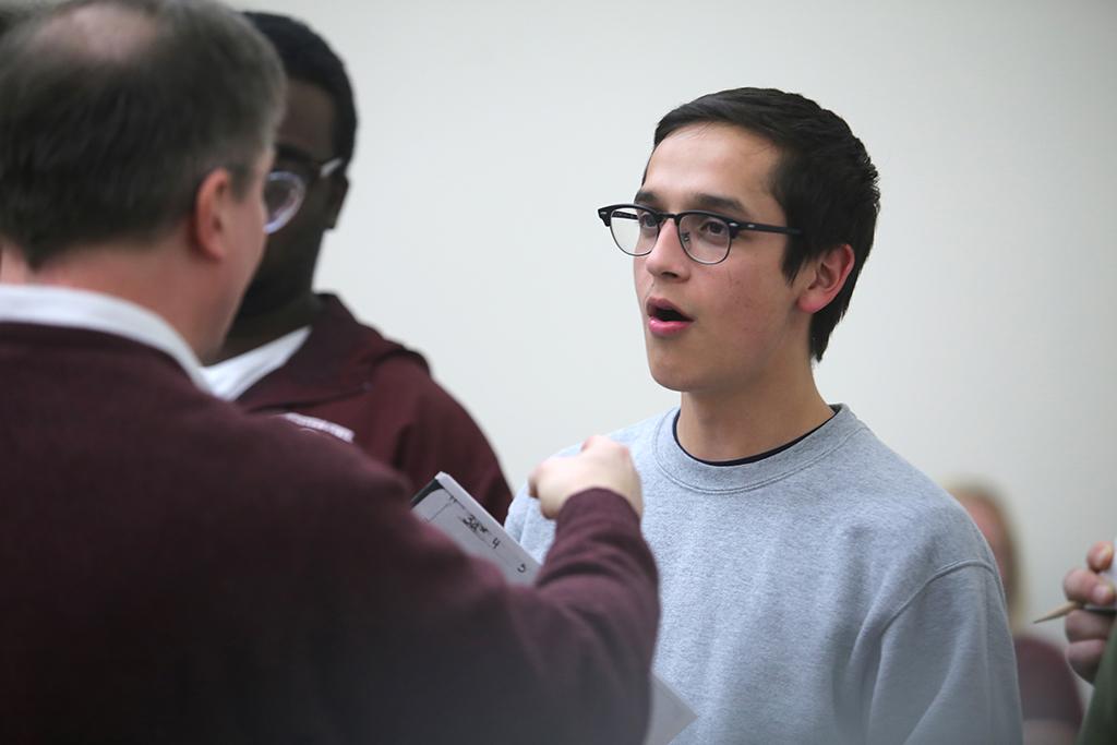 Chris Cruz at the first rehearsal for Urinetown, Dec. 5, 2017. Photo by Bradley Wilson