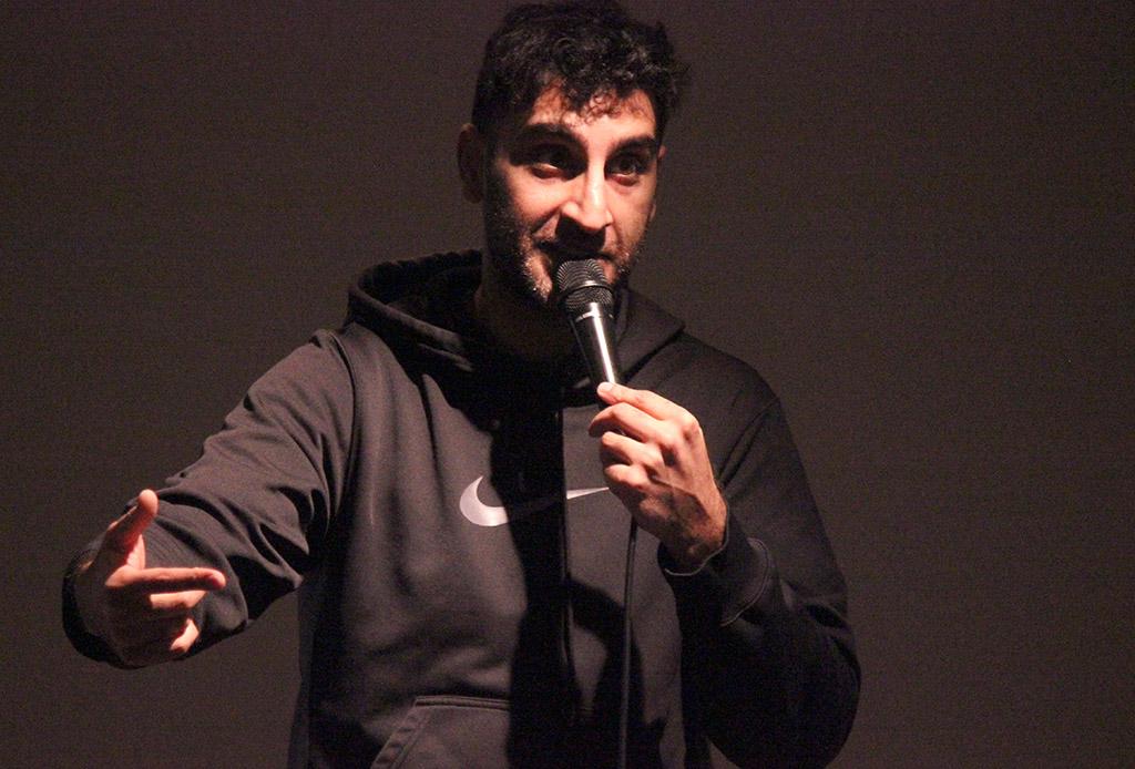 Gibran Saleem, guest comedian, crowd fills with laughter while Saleem guesses how long different couples in the audience have been together during FInals Frenzy, Thurs. Dec. 7, 2017. Photo by Rachel Johnson