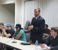 Jesse Brown, junior in criminal justice and business, talks to student senators at the first Student Government Association meeting Tuesday night about the plans to beautify the school, build a dorm and a parking garage. Brown is the student regent appointed by Governor Rick Perry. Photo by Lauren Roberts
