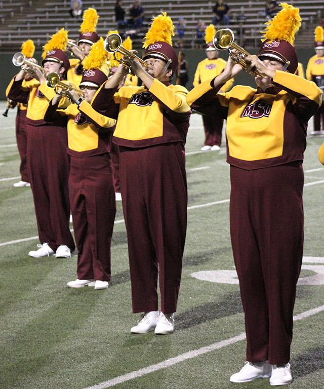 The Golden Thunder band performs "Changing Channels" for the Texas A&M Commerce vs MSU football game held at the Memorial Stadium, Oct. 7. Photo by Marissa Daley