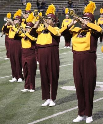 The Golden Thunder band performs "Changing Channels" for the Texas A&M Commerce vs MSU football game held at the Memorial Stadium, Oct. 7. Photo by Marissa Daley