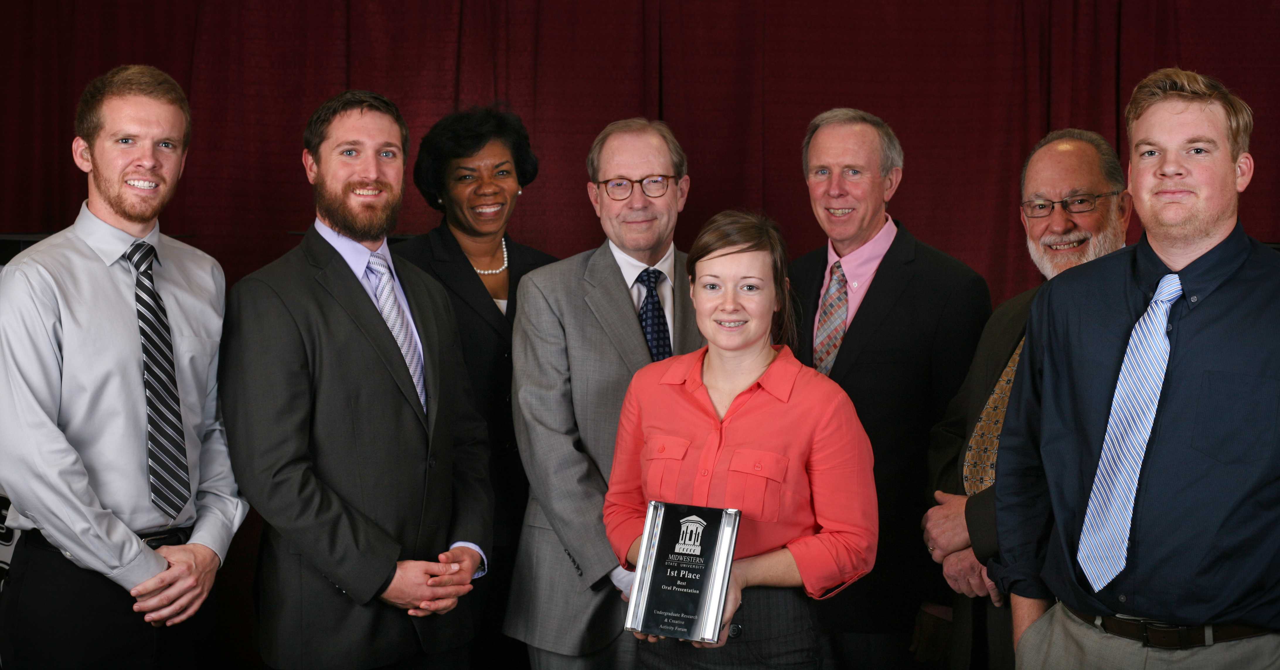 The best oral presentation recognition went to Tylor Thomas, Clarke O'Conner, Johnny Blevins and Makenzie Johnson pictured with Betty Stewart, provost, Jesse Rogers, president, Bill Spellman, executive director of COPLAC, and Robert Clark, vice president of administration and institutional effectiveness, at the Undergraduate Research and Creative Activity Forum at Midwestern State University, Nov. 21. The four were also recongized for having the best abstract. Photo by Eddie Miller