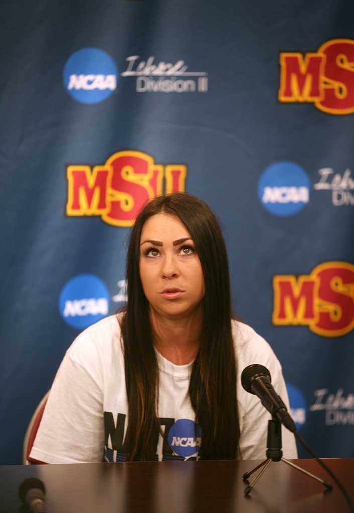 Brenna Moore, nursing senior, speaks at a press conference with Moore discussing her national championship in golf, the first nationalship won by a Midwestern State University athlete. Photo by Bradley Wilson