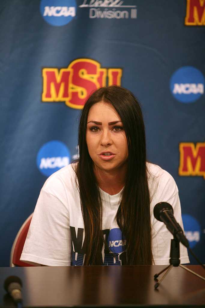 Brenna Moore, nursing senior, speaks at a press conference with Moore discussing her national championship in golf, the first nationalship won by a Midwestern State University athlete. Photo by Bradley Wilson