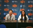 Brenna Moore, nursing senior, and Jeff Ray, golf coach, speak at a press conference with Moore discussing her national championship in golf, the first nationalship won by a Midwestern State University athlete. Photo by Bradley Wilson