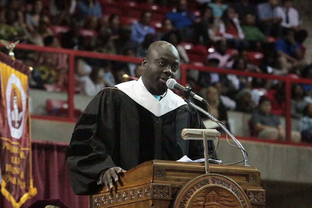 Commencement speaker Michael Obeng at the Midwestern State University graduation, May 14, 2016. Photo by Kayla White