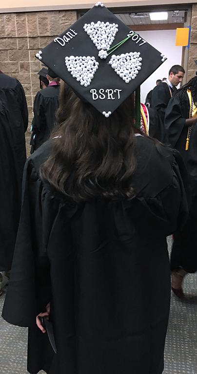 Graduation cap for Dani Toth, respiratory care, at Midwestern State University graduation, May 13, 2017. Photo by Kara McIntyre