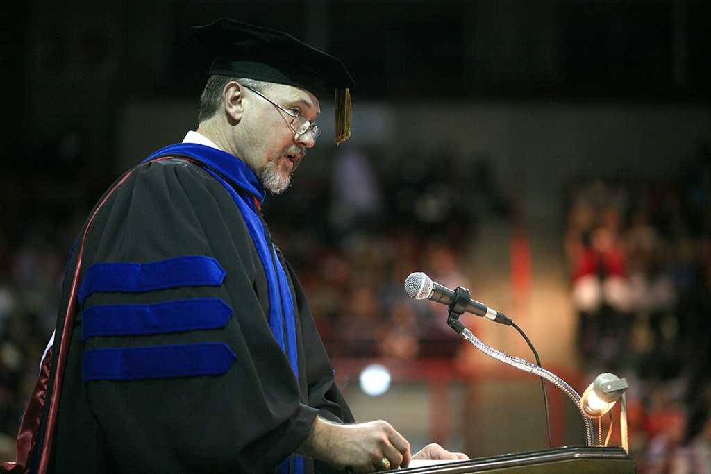 Provost James Johnston welcomes the crowd at Midwestern State University graduation, May 13, 2017. Photo by Bradley Wilson