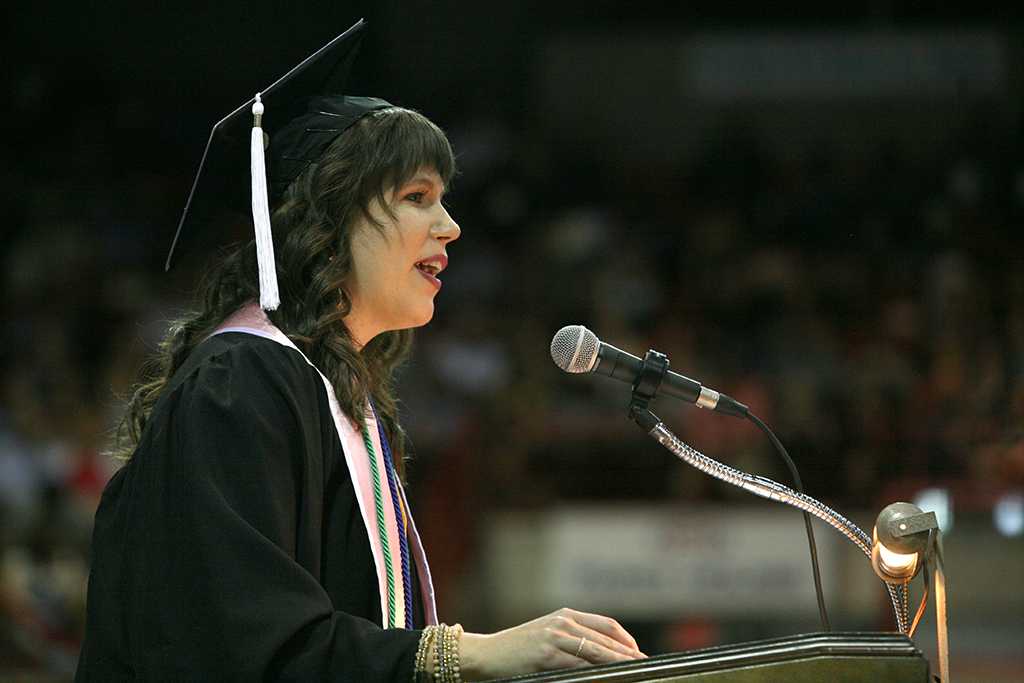 Megan Piehler delivered the commencement address at Midwestern State University graduation, May 13, 2017. Photo by Bradley Wilson