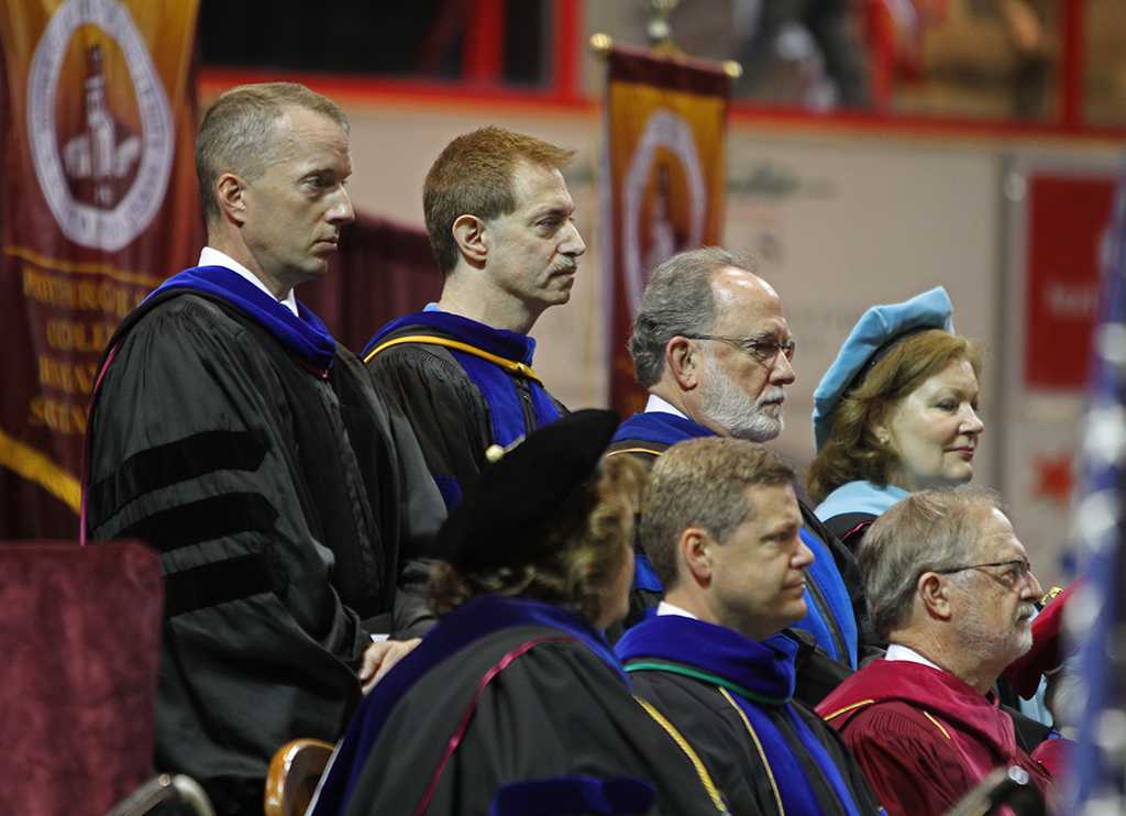 Senior administrators at Midwestern State University graduation, May 10, 2014. Photo by Lauren Roberts