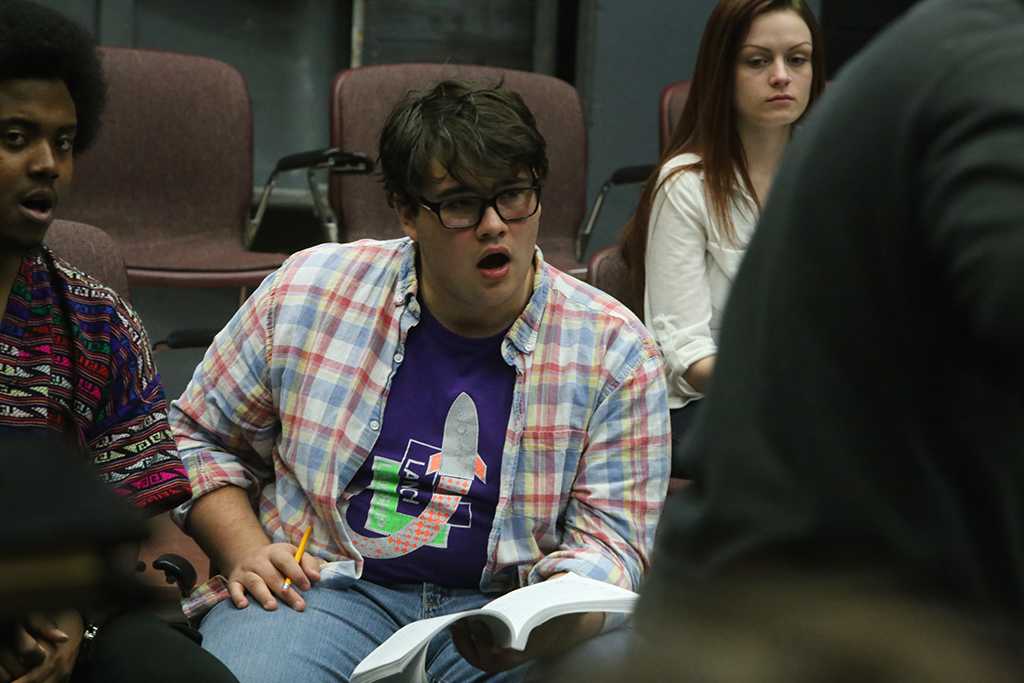 Steven Kintner at rehearsal for the Midwestern State University production of Urinetown. Photo by Bradley Wilson