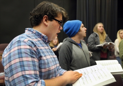 Steven Kintner at Jan. 17 rehearsal for the Midwestern State University production of Urinetown. Photo by Bradley Wilson