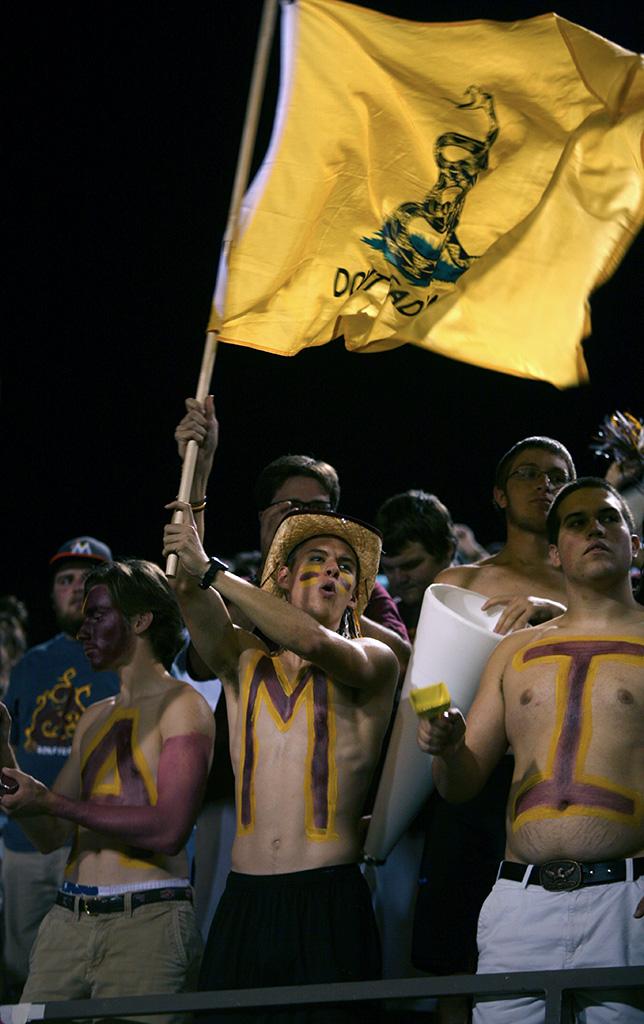 Members of the 'Stang Gang cheer on the team at the homecoming game, Oct. 25, 2015. Photo by Bradley Wilson