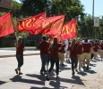 The Golden Thunder march with their MSU flags behing the marching band at the annual Midwestern State Homecoming Parade which went around the whole campus, starting from the parking lot by the football practice field and ending by the quad, on Saturday morning. They announce the winners for best float at the Homecoming football game Saturday night.Photo by Rachel Johnson