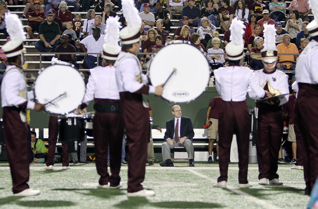 The Marching Band does a special performance to honor that being Midwestern State University's President Jesse Rodger's last game as President. It was the 2014 Homecoming game Satuday night at memorial stadium, Sabina Marroquin, history education senior, won 2014 Homecoming Queen and Elijah wire, sport and leisure studies senior, won 2014 Homecoming King. Photo by Rachel Johnson