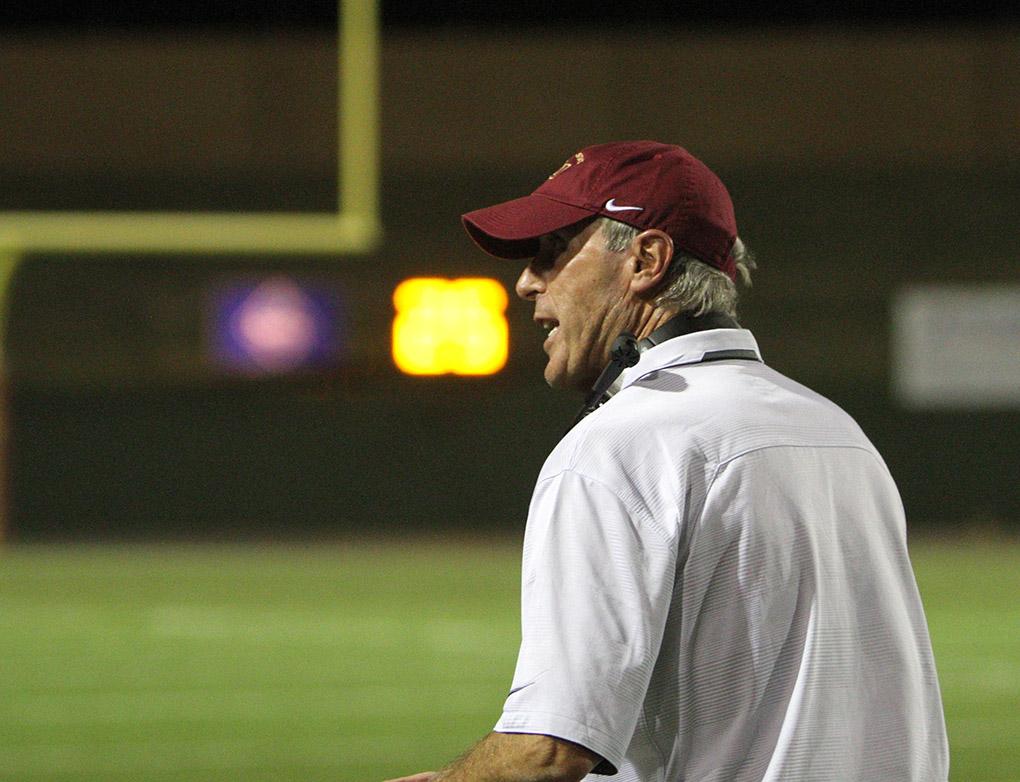 Bill Maskill, head football coach, yells at a n offical about a flag thrown after punt at the game between Midwestern State University and Texas A&M-Commerce, Saturday, Oct. 25, 2014 at Memorial Stadium. Photo by Lauren Roberts