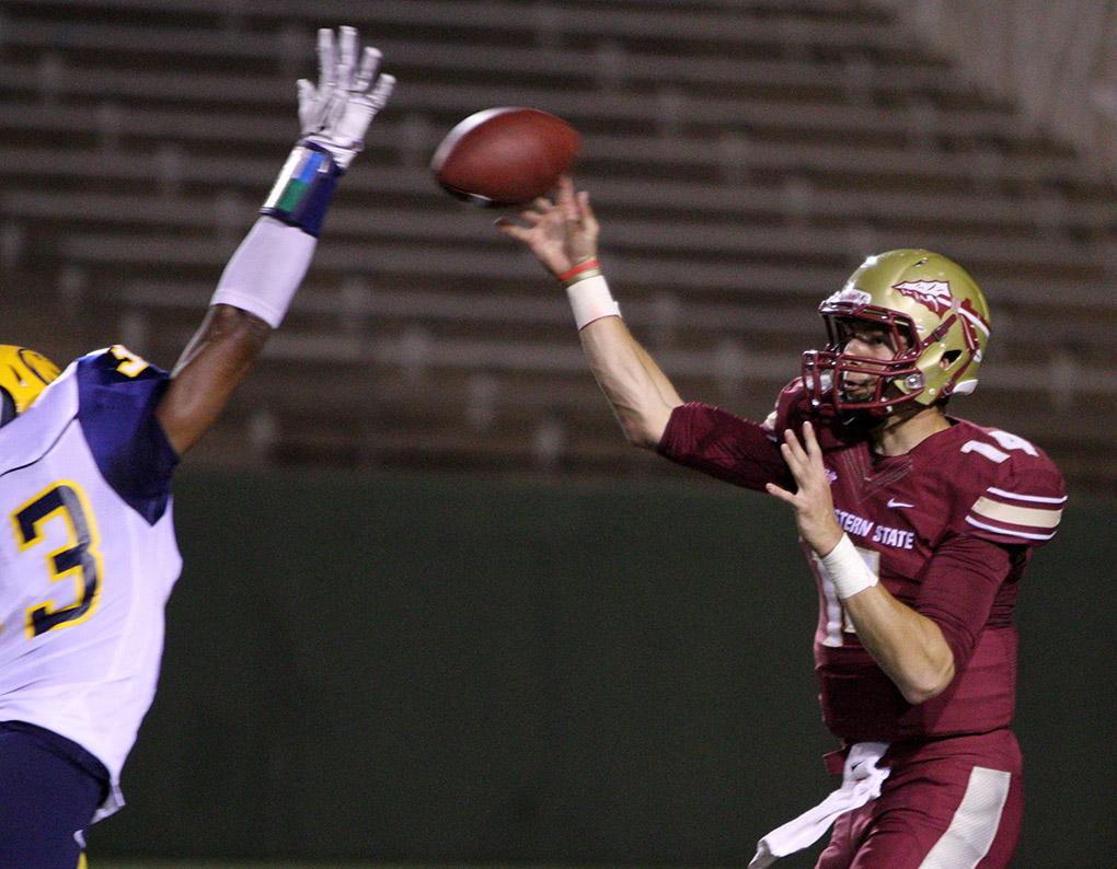 Quade Coward, exercise physiology sophomore, attempts a pass in the game between Midwestern State University and Texas A&M-Commerce, Saturday, Oct. 25, 2014 at Memorial Stadium. Photo by Lauren Roberts
