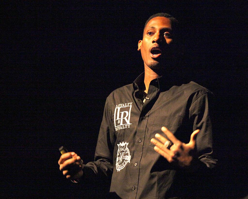 Terrence Clemens, LGBTQ+ issues in athletics speaker, speaks to a crowd of 125 MSU students and faculty members in the Fain Fine Arts Auditorium on March 31 as a part of the frist social justice week put on by P.R.I.D.E. and the Fain Fine Arts College called Inclusion Now. Photo by Rachel Johnson