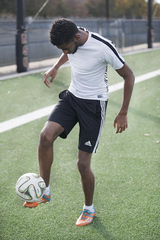 Justin Beasley, computer science junior, practice soccer in the MSU practice fields Friday, Nov. 17, 2017. Photo by Francisco Martinez
