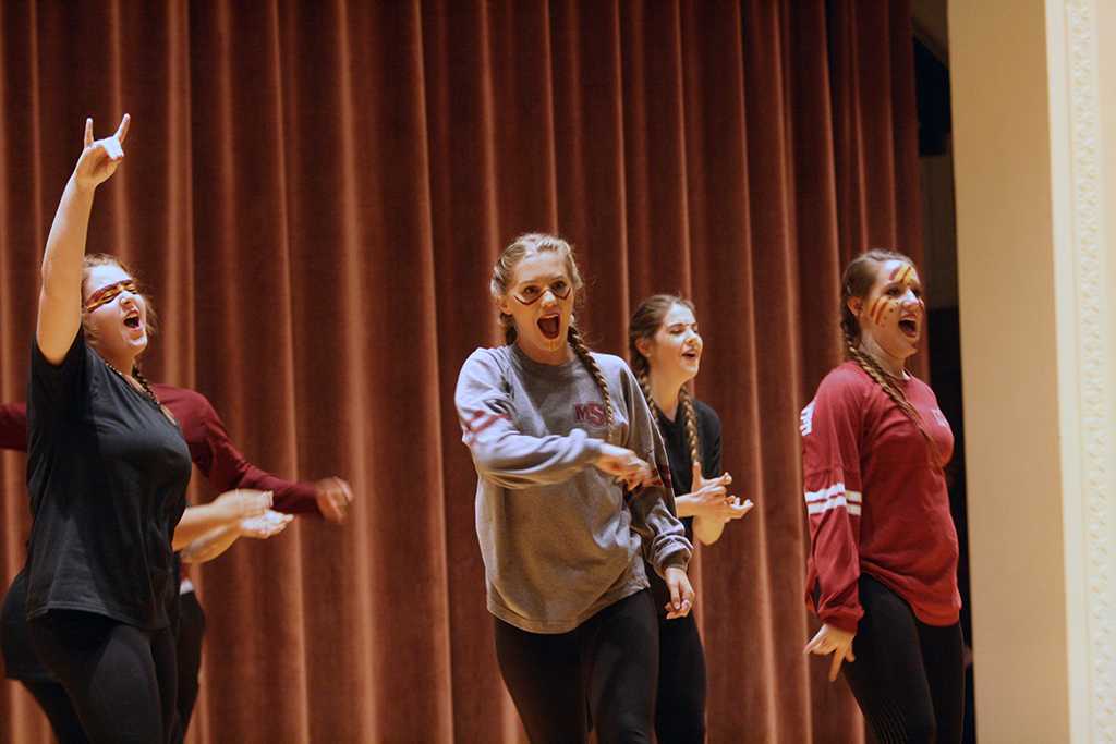Mustang Manics spreading MSU spirit during their performance at the Lip sync competition in the Akin Auditorium. 24 Oct. Photo by Bridget Reilly
