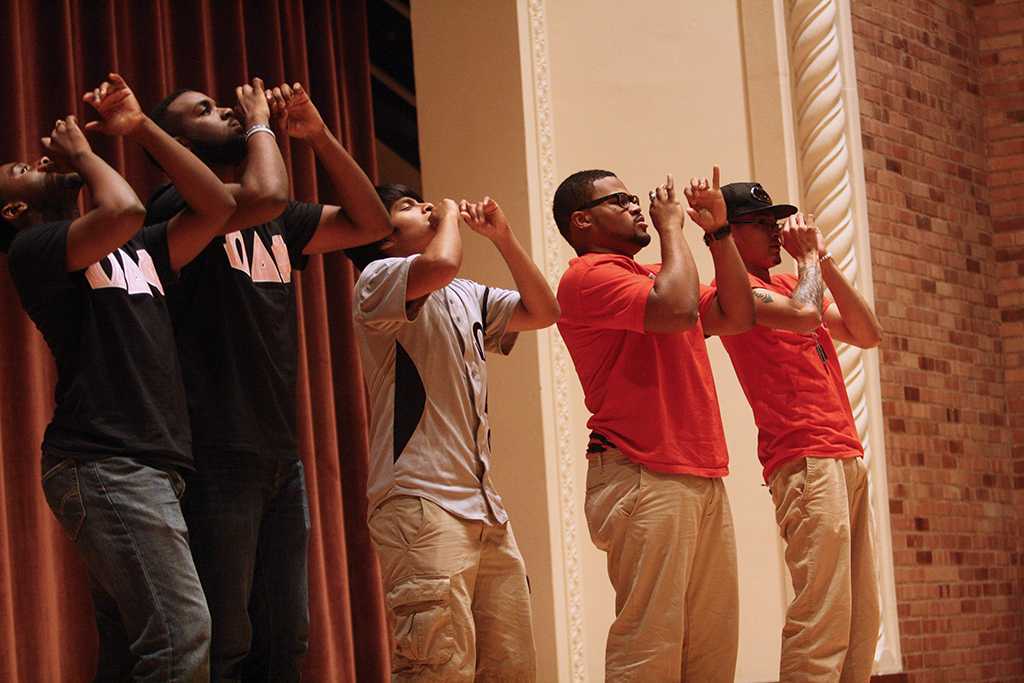 Omega Delta Phi performing together at Lip Sync in the Akin Auditorium. 24 Oct. Photo by Bridget Reilly