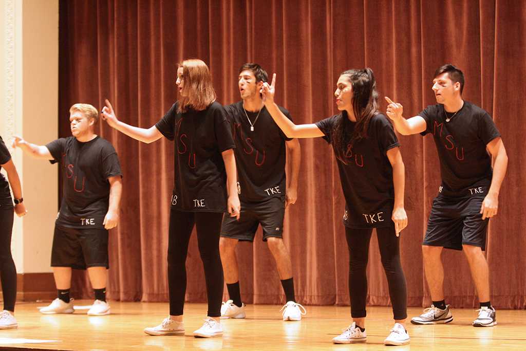 Tau Kappa Epsilon and Gamma Phi Beta on stage at Lip Sync in the Akin Auditorium. 24 Oct. Photo by Bridget Reilly