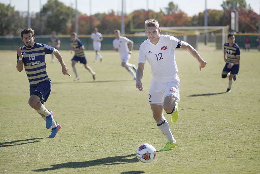 Alex Mullet, finance junior, moves up the field during the Heartland championship game against St. Edward's at Stang Park, where MSU won 1-0, Sunday, Nov. 5, 2017. Photo by Francisco Martinez