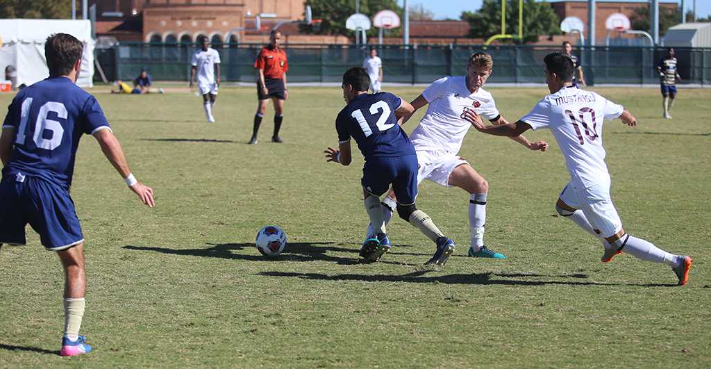 Ross Fitzpatrick and Sebastian Venegas during the Heartland Conference championship game aginst St. Edwardâs University. MSU won 1-0. Photo by Bradley Wilson