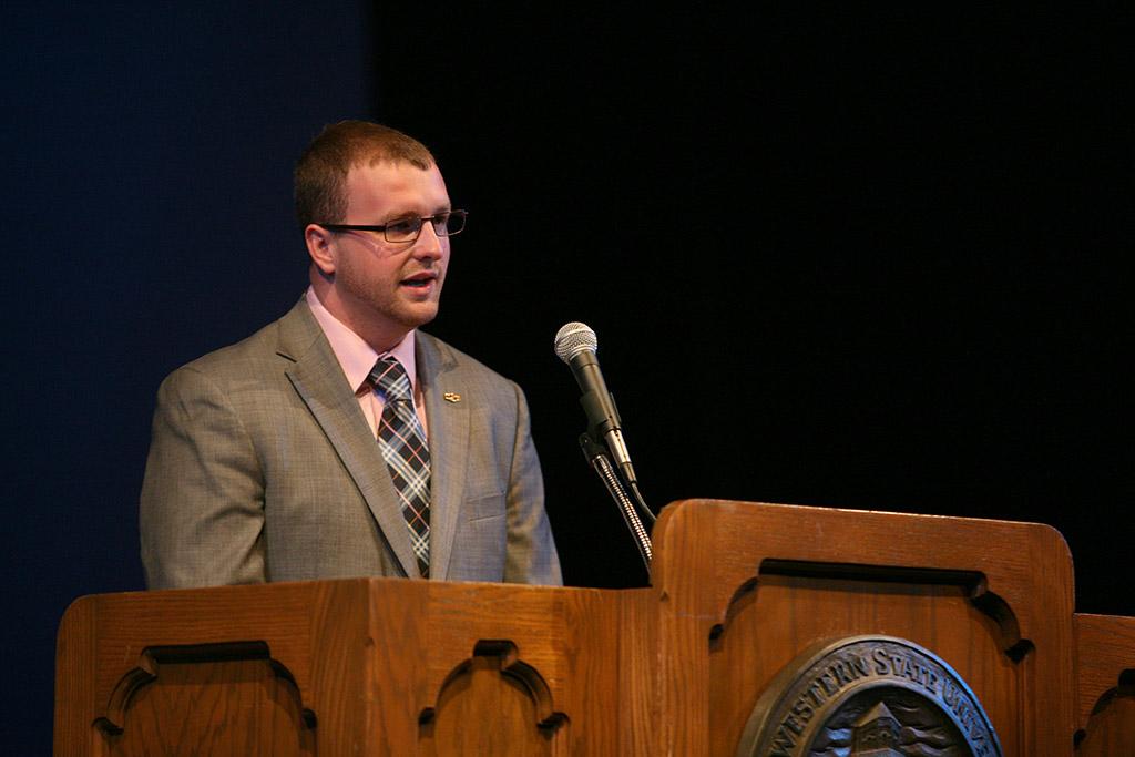 Student Body President Jesse Brown at the inauguration of Suzanne Shipley, university president, Midwestern State University, Dec. 11, 2015. Photo by Bradley Wilson