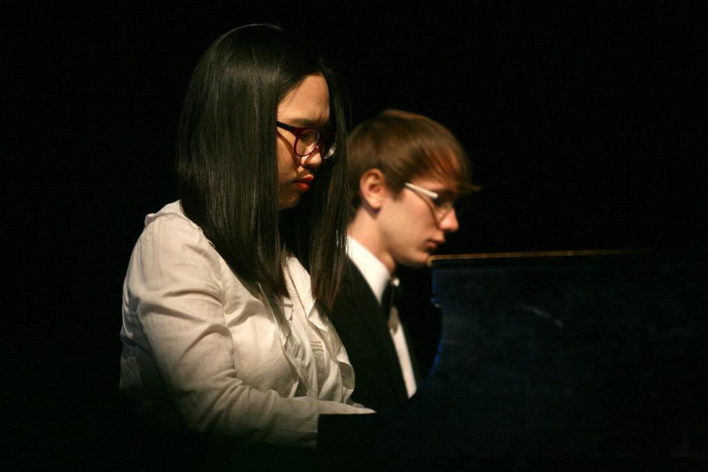Nahye Byun and Aaron Johnson perform an original composition, "Homage" at the inauguration of Suzanne Shipley, university president, Midwestern State University, Dec. 11, 2015. Photo by Bradley Wilson