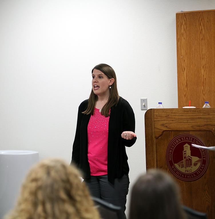 Lori Arnold L.P.C talks about alcohol during the question, persuade, refer suicide prevention student training on April 14.
