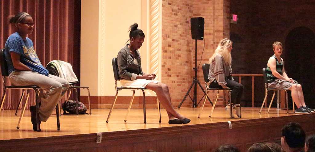 The main actors sit with the audience and answer questions in character at the Since Last Night performed by the theatre in Akin Auditorium on Aug 25th. Photo by Kayla White.