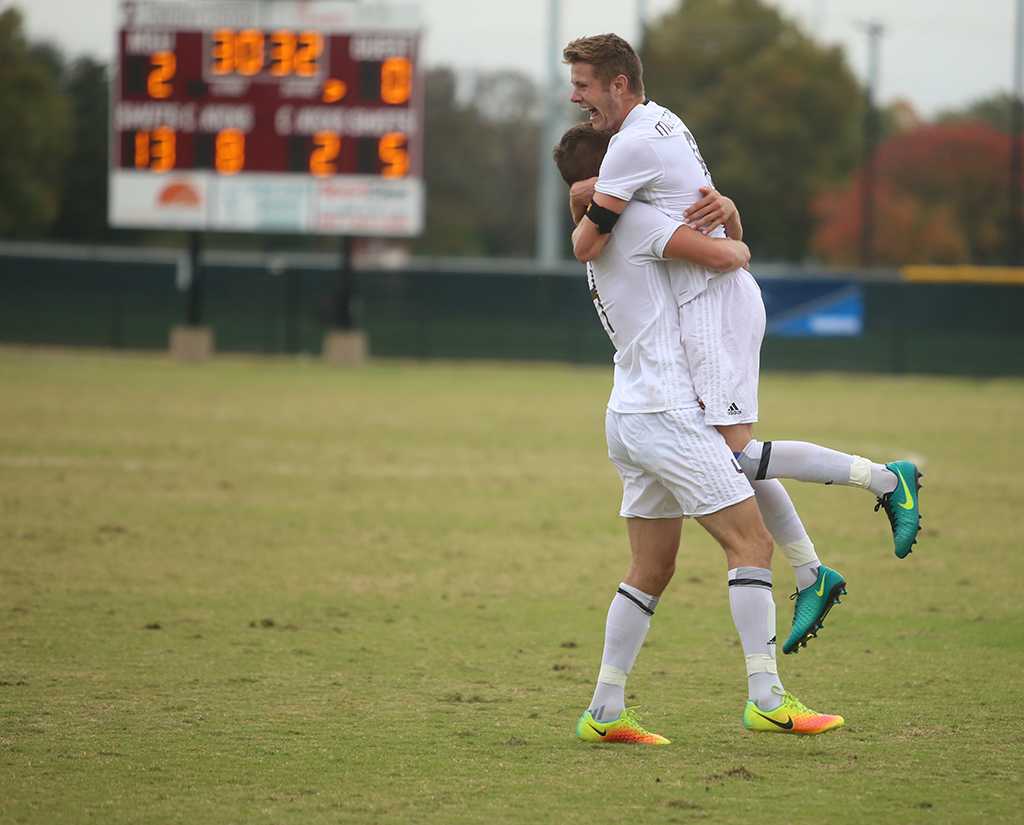 Ross Fitzpatrick and Patrick Fitzgerald after the team scores a second goal at the NCAA Division II South Central Regional, Nov. 12, 2017. MSU beat Colorado Mesa 3-0. Photo by Bradley Wilson