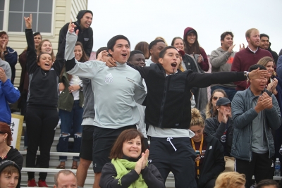 Sergio Lara and Julian Varajas react when the team scores a goal at the NCAA Division II South Central Regional, Nov. 12, 2017. MSU beat Colorado Mesa 3-0. "The communication on the field was going really good," Varajas said. Photo by Bradley Wilson