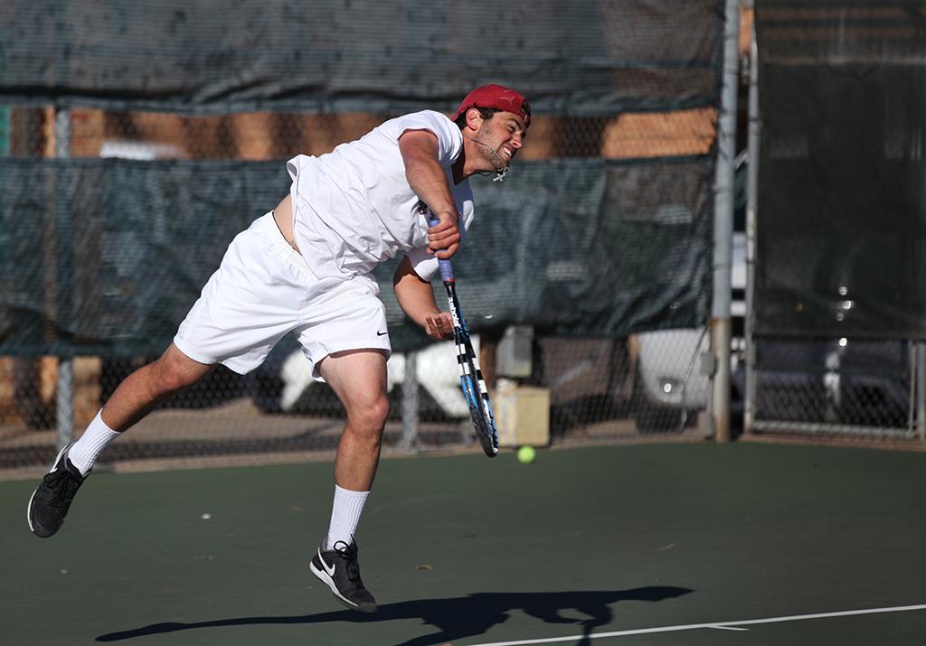 Chris Norrie, business senior, at the tennis tournament held at Midwestern State against Ferris State (Michigan). Photo by Timothy Jones.