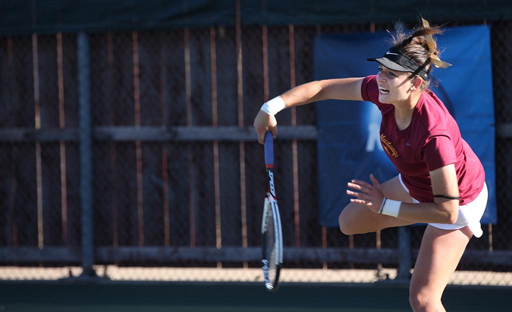 Greta Lazzarotto, mangement sophomore, at the tennis tournament held at Midwestern State against Tarleton State. Photo by Timothy Jones.