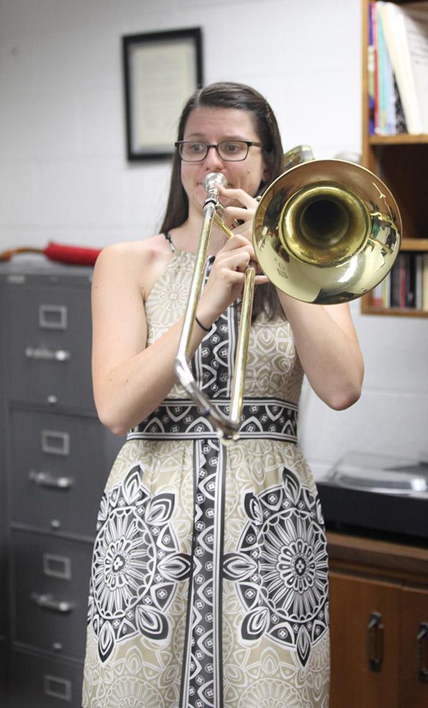 Hana Beloglavec, visiting instructor and international award-winning trombonist, plays along side her student in a private session, Sept. 10. Photo by Rachel Johnson