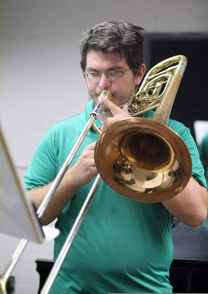 James Ivey, music and mechanical engineer senior, practices under the instructions of Hana Beloglavec, visiting instructor and internationl award-winning trombonist, during a private session, Sept. 10. Photo by Rachel Johnson