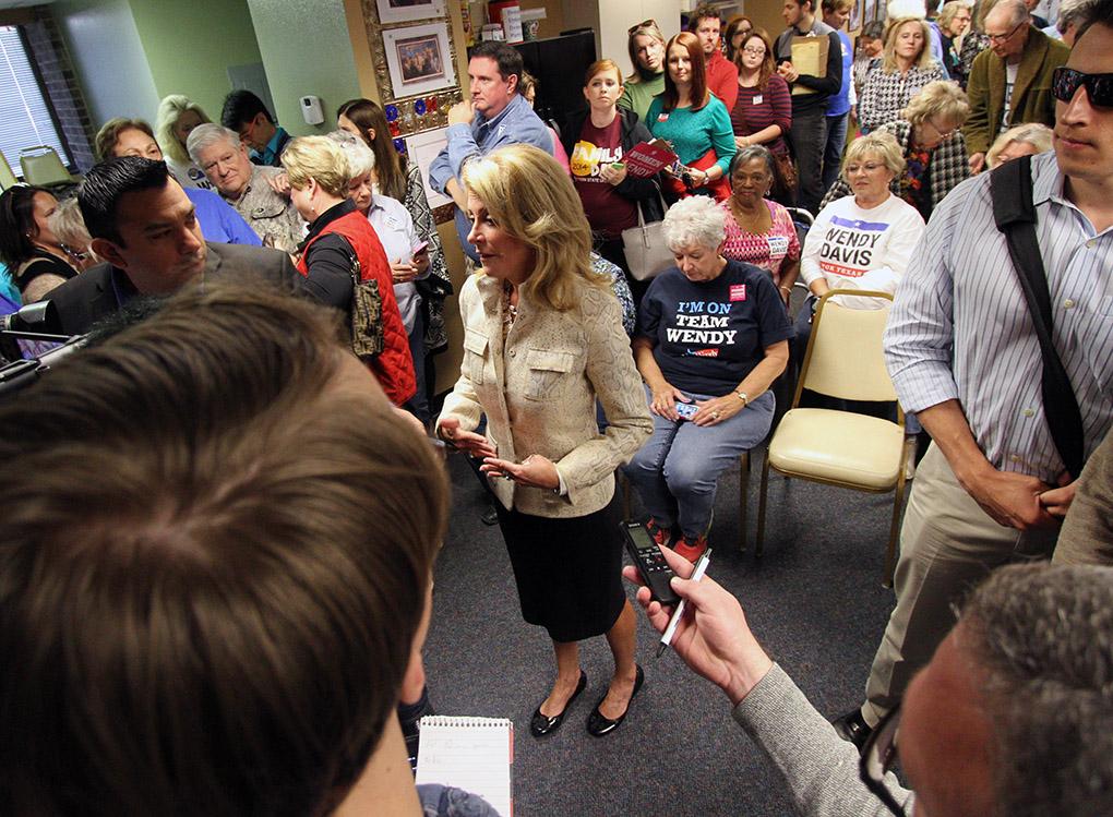 Wendy Davis, gubernatiorial candidate, speaks with memebers of the local media at the Wichita Falls County Democrats headquaters Saturday, Nov. 1, 2014. Photo by Lauren Roberts