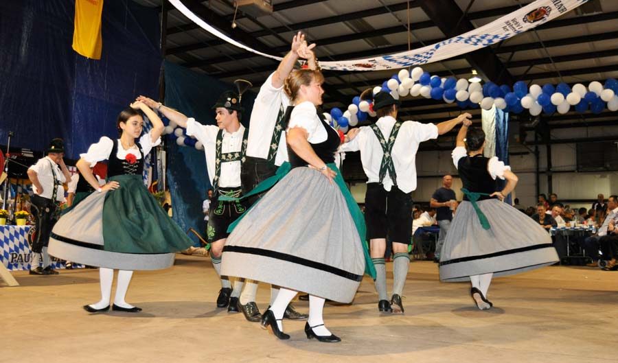 The Texanischer Schuhplatter Verein from Dallas performing a traditional folk dance Saturday night. (Photo by Hannah Hofmann)