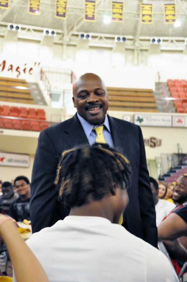 Coach Carter interacts with students during the student athlete event Saturday, August 25, 2012. 