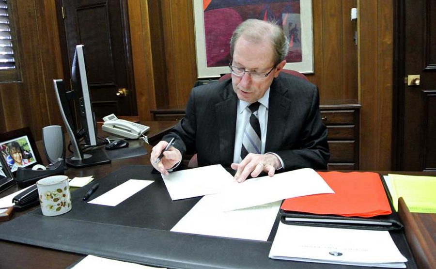 Dr. Jesse Rogers, the President of MSU, sits in his office while reviewing a letter that was sent earlier to a senator in Dallas.
Photo by Brianda Morales