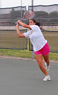 Preparing for the regional tournament hosted at MSU, Sarita Adhikary competes in singles and doubles. Adhikary and teammate Lauren Pineda won 8-6 against St. Mary’s Mariana Rong and Ariana Saldana, earning a spot at nationals in Arizona. Photo by Hanwool Lee.