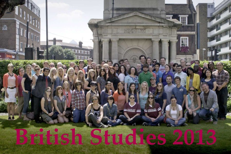 British Studies Program students gather outside Queen Mary University of London during the Summer II session.