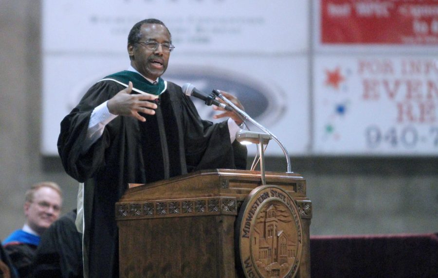 Commencement speaker Ben Carson delivers his speech at graduation in May 2013.