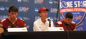 Jake Glover, quarterback, coach Bill Maskill, and Joe Sanders, wide receiver discuss the loss at the press conference after the game. "I thought we battled hard, we just came up short," Glover said.