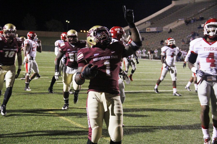 Keidrick Jackson, senior in criminal justice, celebrates after a touchdown in the second quarter. MSU would defeat the University of West Alabama in a rout of 45-21 October 19 at Memorial Stadium. Jackson rushed for 136 yards and had three touchdowns becoming MSUs all-time leading rusher with 3,596 yards. MSU plays at Angelo State October 26 with kickoff at 6 p.m.