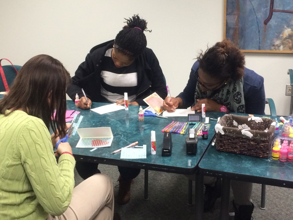 Chizi Tere, sophomore in pre-med, and Blossom Odemudia, senior in pre-med, work on birthday cards as part of the World Kindness Day event hosted by the Counseling Center in CSC Cheyenne. Students were invited to make greeting cards to send to a special someone. "My mom's birthday is coming up and it's like an inexpensive thing to do," Tere said.