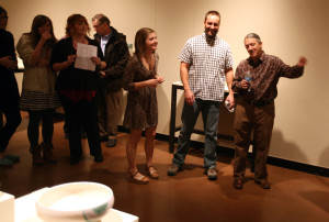 Resident artists Chandra Droske and Mike Kern stand with Gary Goldberg, professor of art, during the gallery talk at their show opening Jan. 17 in the Juanita Harvey Art Gallery. Goldberg said, "I don't have huge sweeping changes. We're going to carry on."