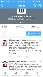 The two tweets sent from the Midwestern State University Twitter page about the shooting hoax that were later deleted.